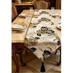 GENERICO - Mantel Camino De Mesa Tela Bordados Dorados y Negro Flor180x32cm