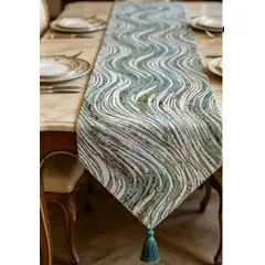 GENERICO - Mantel Camino De Mesa Tela Bordados Dorados Ondas 180x32cm
