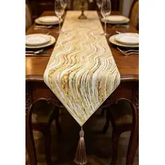 GENERICO - Mantel Camino De Mesa Tela Bordados Dorados Ondas 180x32cm