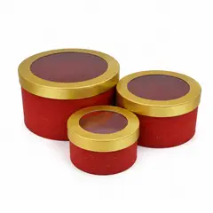 GENERICO - Set 3 cajas cilíndricas regalo rojas, borde dorado con ventana transparente, tamaños surtidos