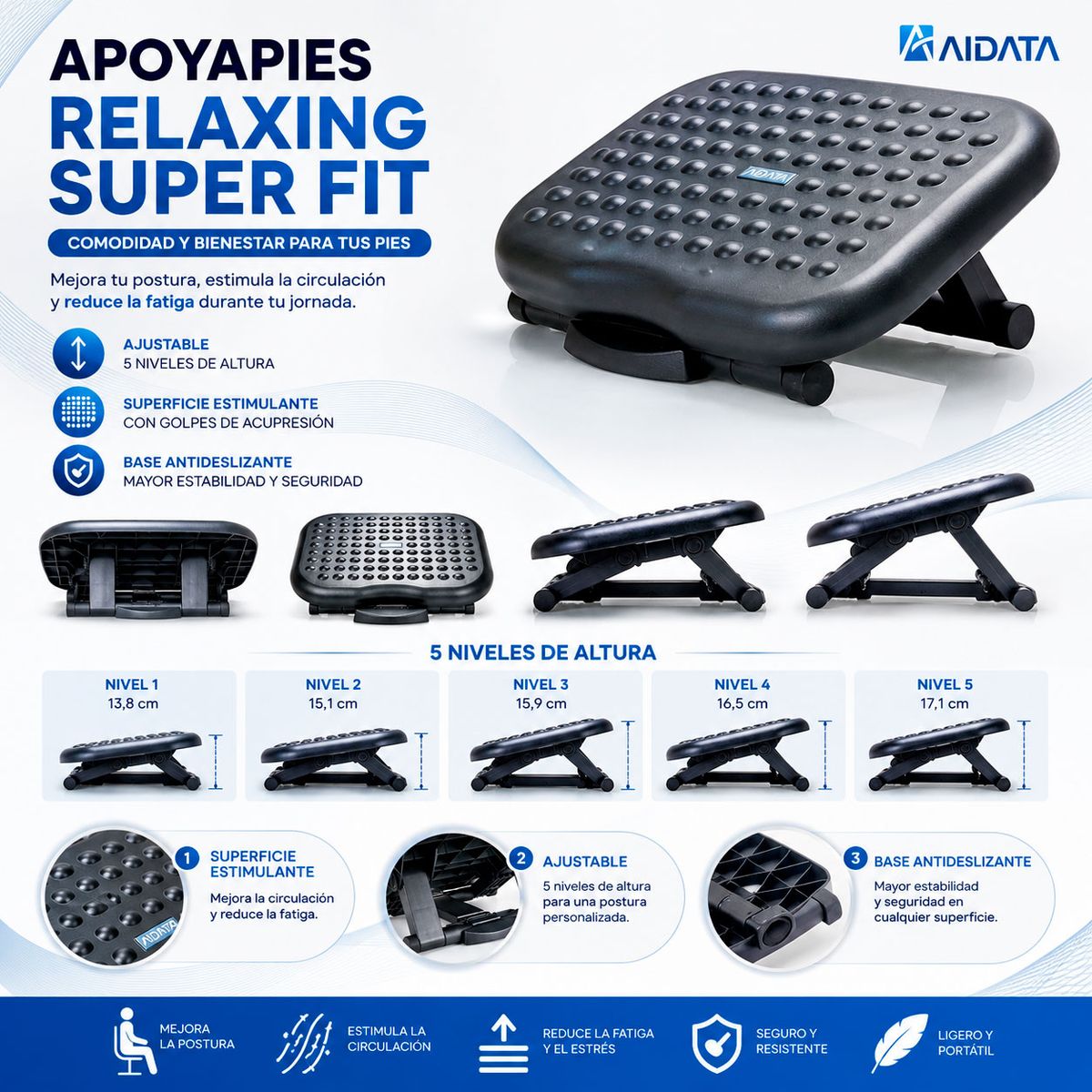 AIDATA - Apoyapiés Relaxing Super Fit se ajusta 5 niveles de altura - Ergonómico FR008