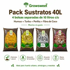 GROW SWEET - Pack Sustratos 40L 4 Bolsas Separadas Humus Turba Perlita y Fibra de Coco