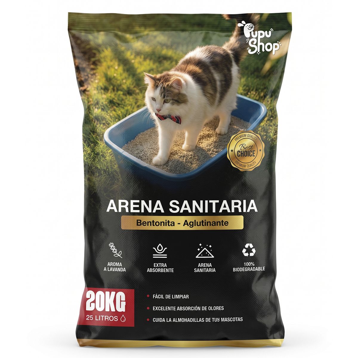 PUPU SHOP - Arena Sanitaria Aglutinante para Gatos Aroma Lavanda 20 kg / 25 Litros Pupu Shop - Blanco