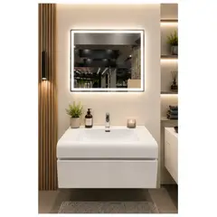 GENERICO - Vanitorio Flotante Completo Blanco 80 cm Con Espejo LED