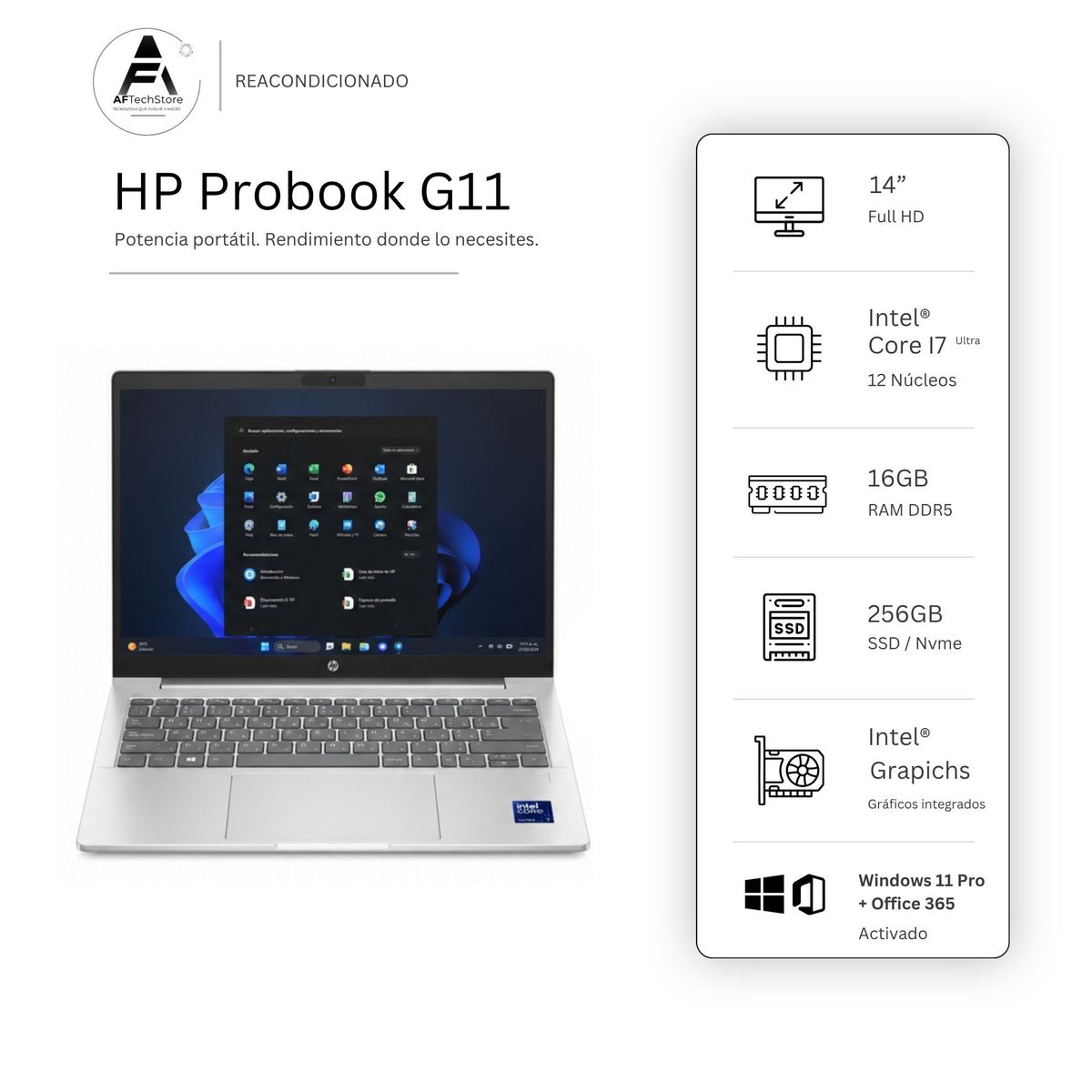 HP - Notebook HP 440 G11 Ultra 7 NPU/AI Boost 16GB 256GB – Edición Exclusiva –Win Office– Reacondicionado
