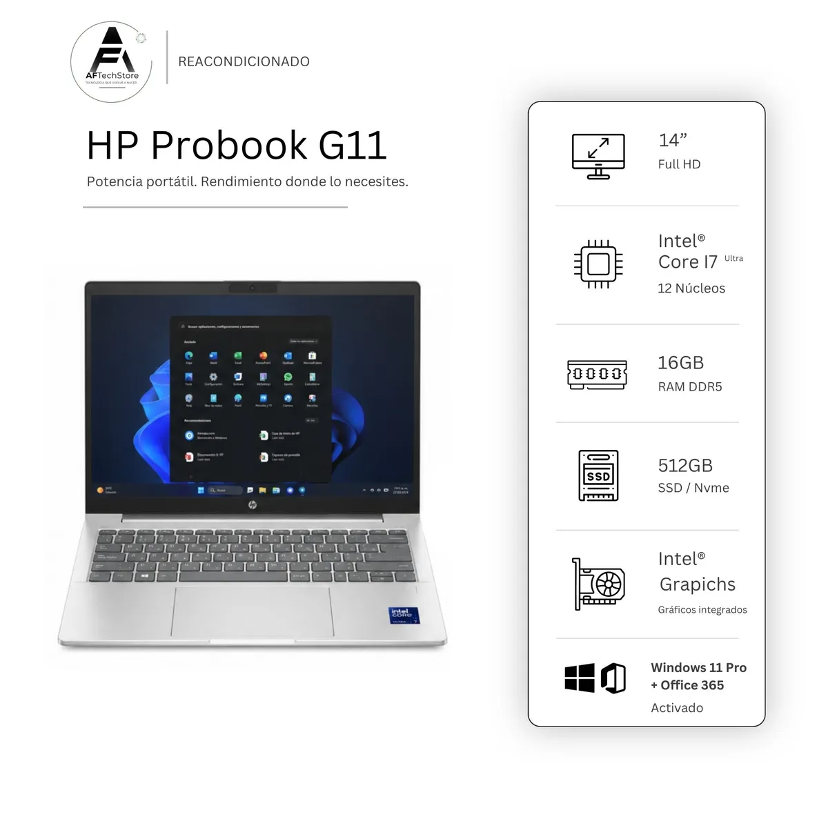HP - Notebook HP 440 G11 Ultra 7 NPU/AI Boost 16GB 512GB – Edición Exclusiva –Win Office– Reacondicionado
