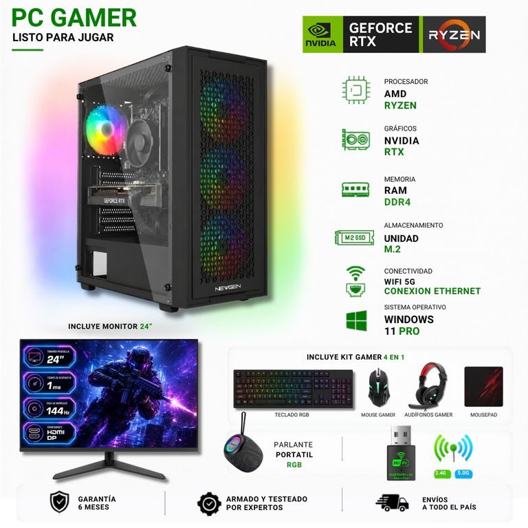 Pc Gamer AMD Ryzen 5 5500 - 16GB RAM - RTX 5050 - 1TB - Wifi (Monitor 24" + Parlante) TNM01.