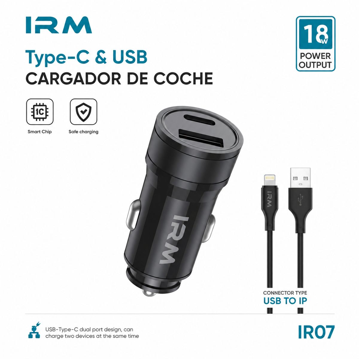 IRM - Cargador 18w de Celular Para Auto Ir07 IRM Con Cable Lightning