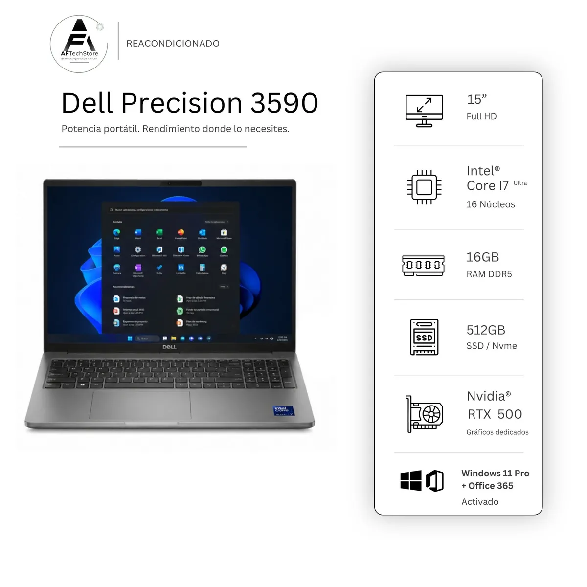 DELL - Notebook Dell 3590 Ultra 7 NPU/AI Boost 16GB 512GB – Edición Exclusiva –Win Office– Reacondicionado