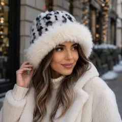 TOPBABY - Gorro Peludo De Invierno Mujer Animal Print Blanco