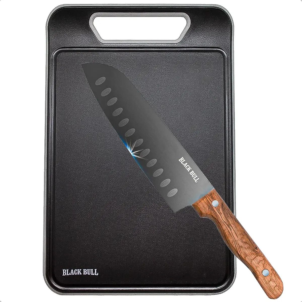 BLACK BULL - Set Tabla De Picar+cuchillo Santoku Cuchillo Carnicero Tabla
