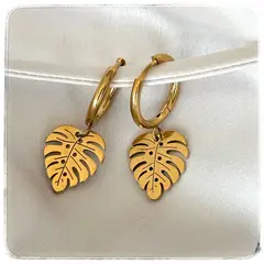 GENERICO - Aros hojas monstera argollas de acero quirurgico y oro