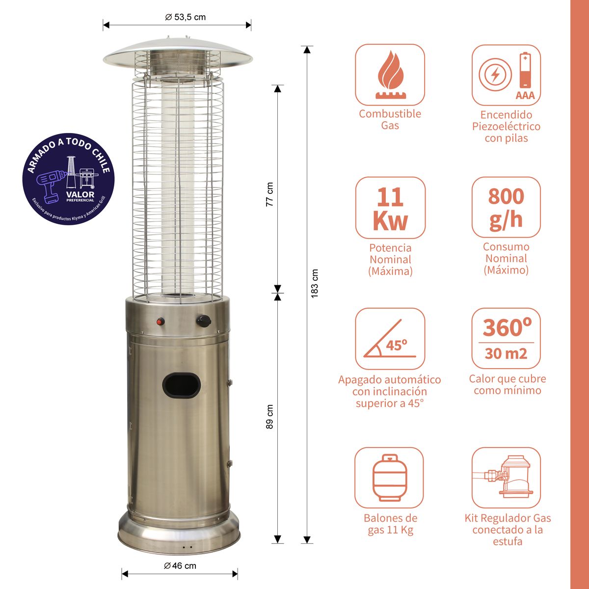 KLYMA - Estufa a Gas Exterior TUB Inox + Funda Para Patio Jardin Terraza
