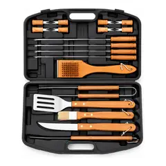 GENERICO - Kit Parrillero BBQ 18 Piezas Acero Inoxidable Mango Madera Maletín