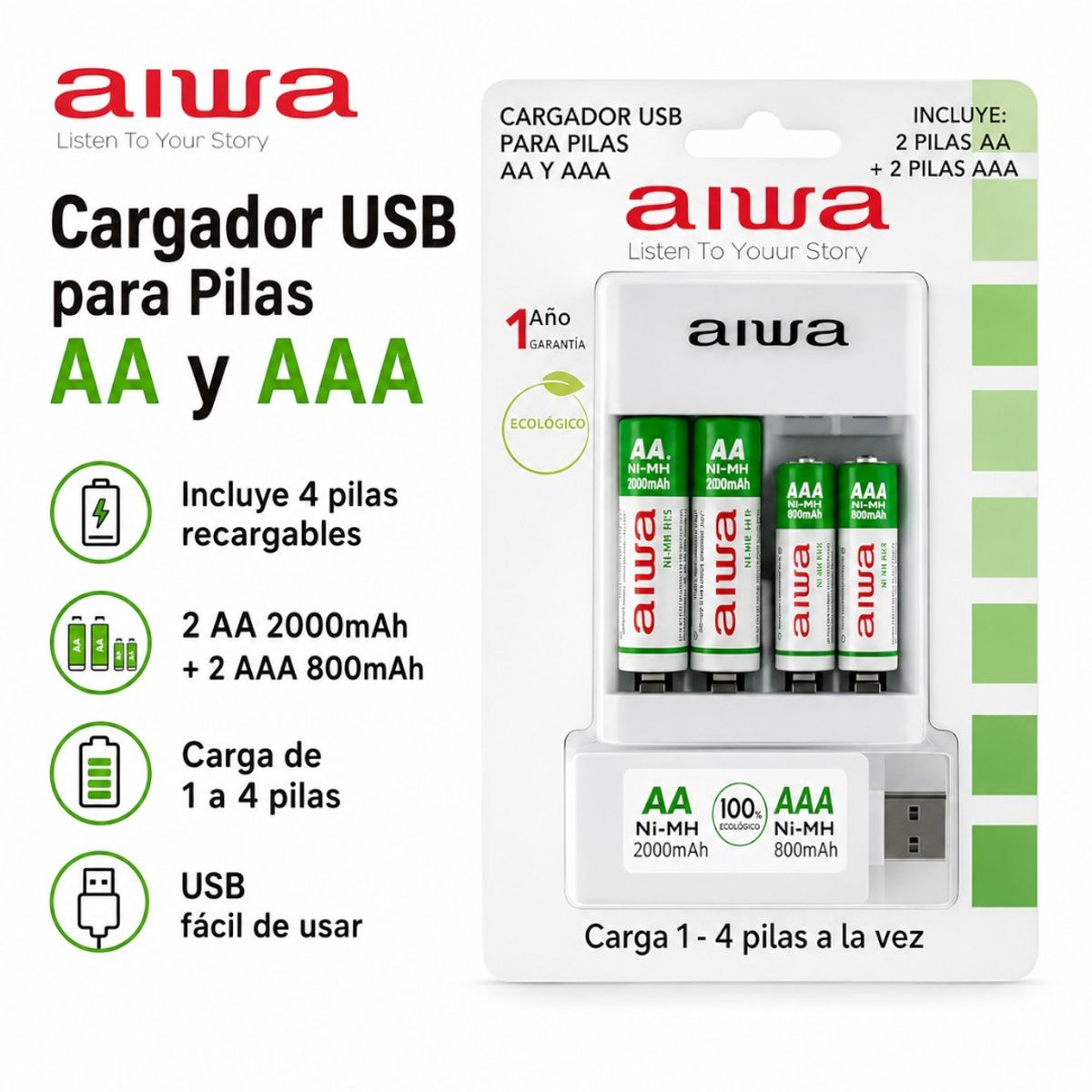 AIWA - Cargador Pilas Recargables AA AAA Usb + 4 Pilas