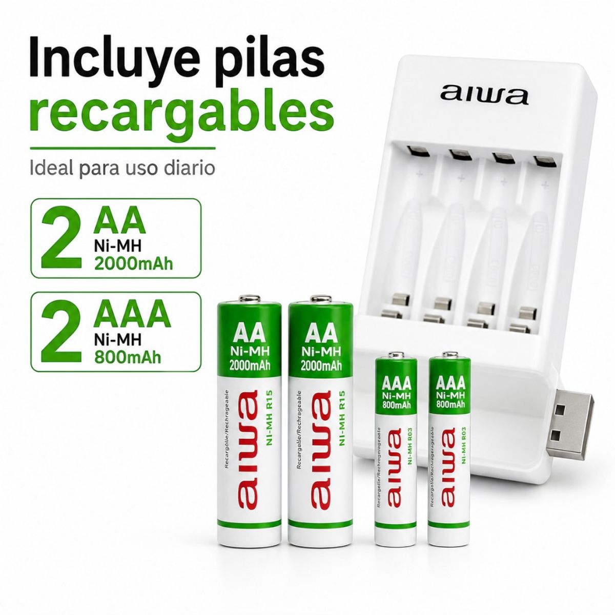 AIWA - Cargador Pilas Recargables AA AAA Usb + 4 Pilas