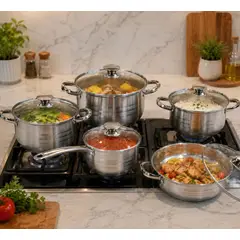HOFFMANN - Juego de Ollas Acero Inoxidable 12 Piezas con Tapas Vidrio
