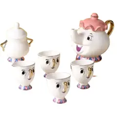 GENERICO - Set de 6 Tazas con Tetera y Azucarero Diseño La Bella y la Bestia