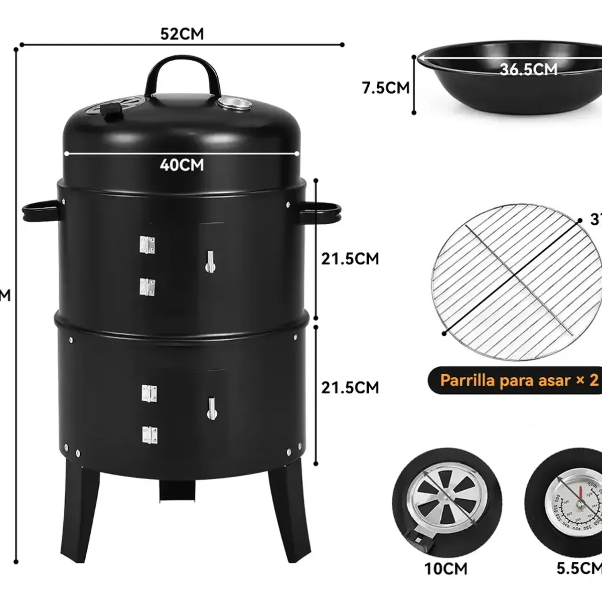 BLUEDREAMER - Parrilla A Carbón 3 En 1 Ahumador Con 2 Parrillas