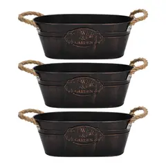FLIPEREX - Set 3 Macetero Metalico Ovalado Vintage Moderno Decorativo M - Negro