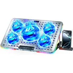 BLUEDREAMER - Almohadilla de enfriamiento para laptop, enfriador para computadora portátil, 5 ventiladores