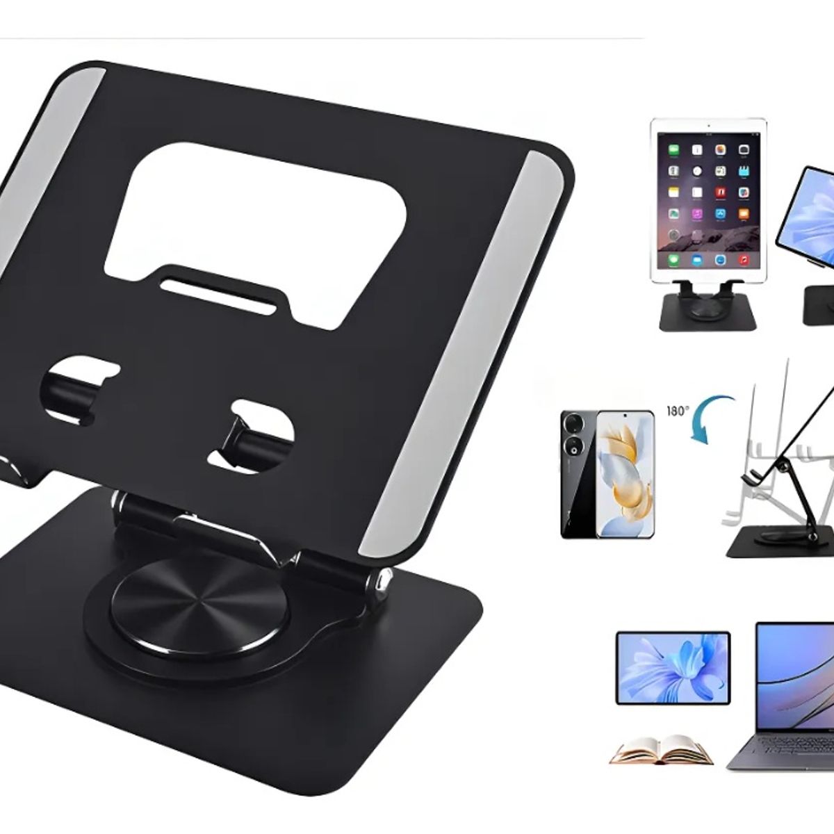 GENERICO - Soporte Ajustable Metal Negro Tablet Teléfono 360°