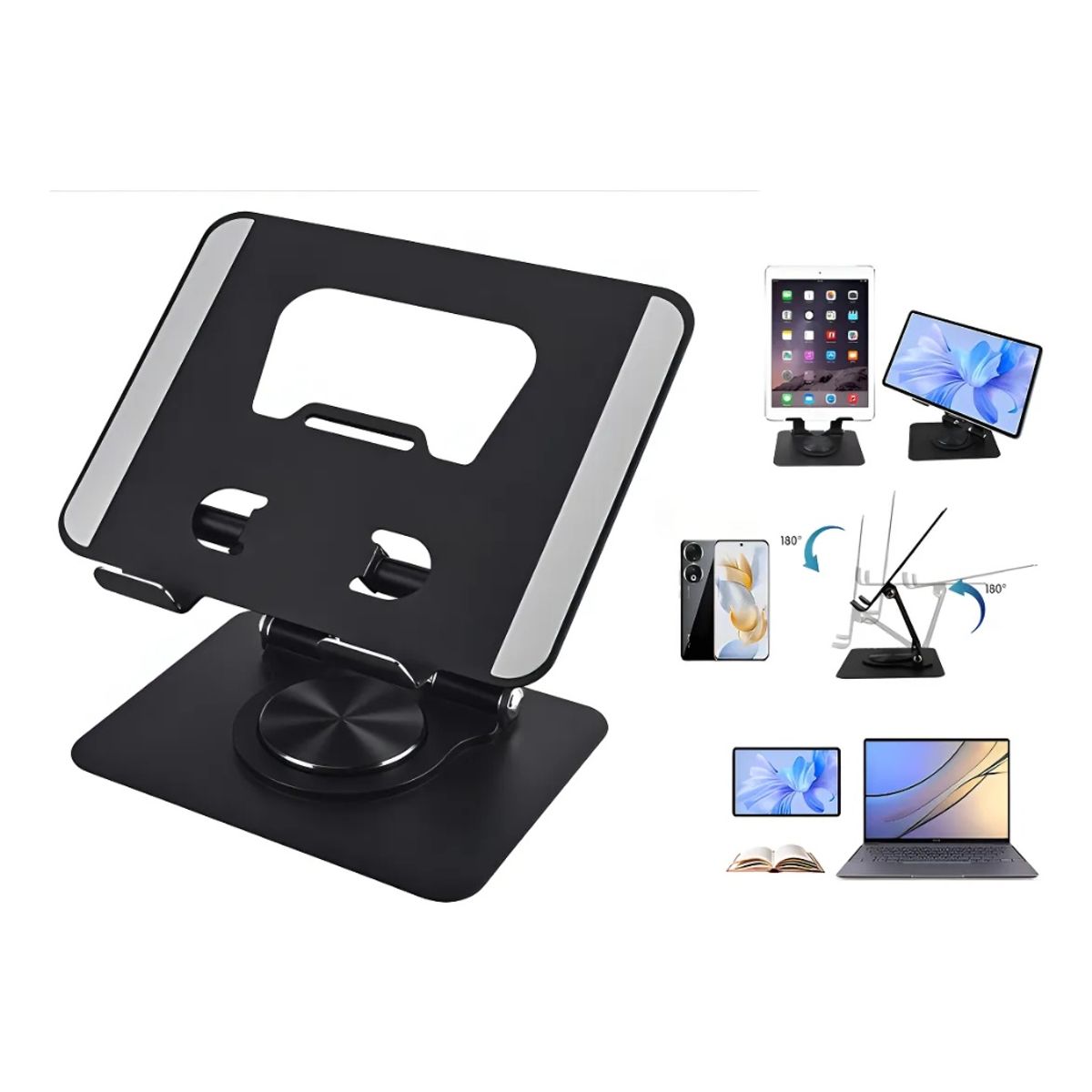 GENERICO - Soporte Ajustable Metal Negro Tablet Teléfono 360°