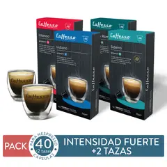 CAFFESSO - Pack x40 Cápsulas De Café Fuerte Para Nespresso + 2 Tazas
