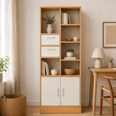 GENERICO - Estante Librero Nórdico 50x24x128 cm Madera y Blanco 1 Cajón con Puertas Estilo Minimalista