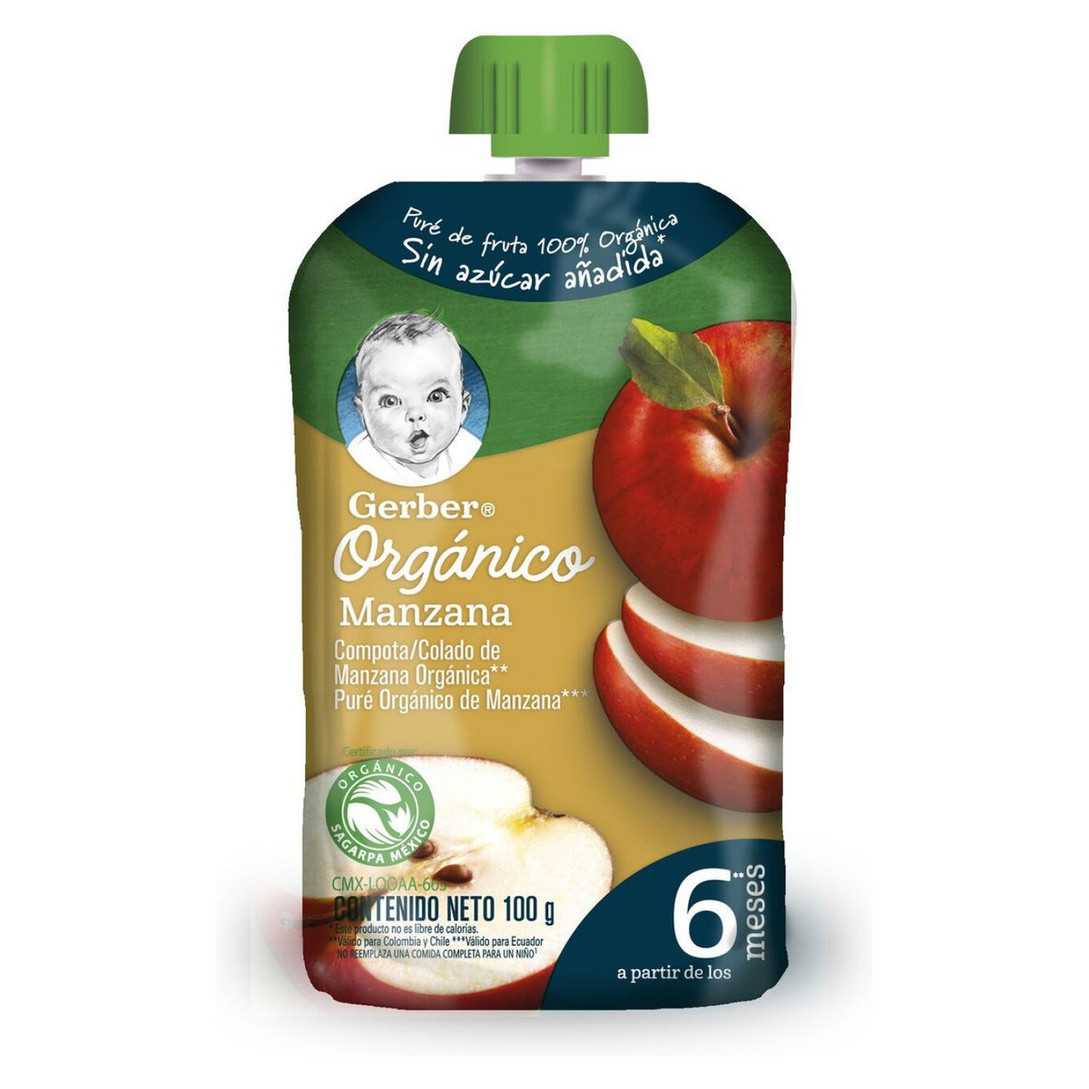 GERBER - Compota GERBER Orgánico Manzana Pouch 100g X6