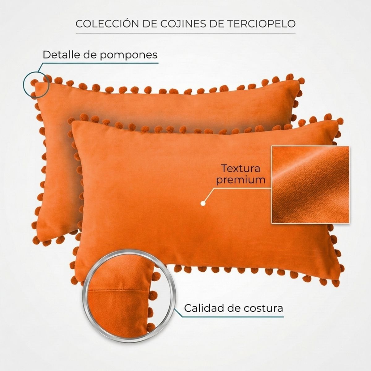 ARMONIA - Pack 2 Fundas Rectangular Terciopelo Naranjo Pompon 88