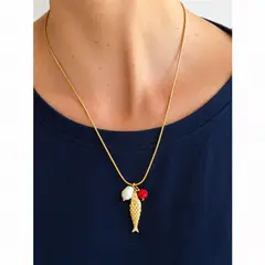 GENERICO - Collar Colgante de Pez, Pez dorado con Perla de río y Rosa de resina, bañado en oro