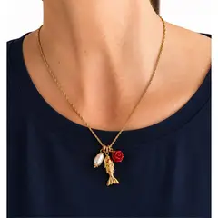 GENERICO - Collar Colgante de Pez Gambuzia pequeña, Pez dorado con Perla de río y Rosa de resina, bañado en oro