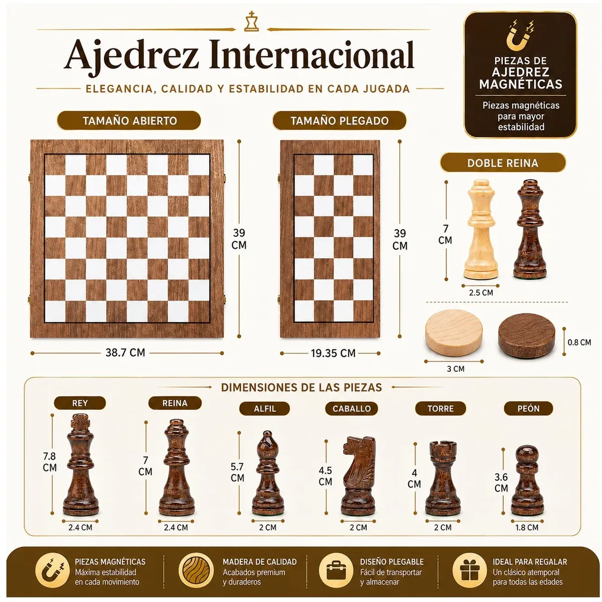 GENERICO - Juego De Ajedrez Profesional Grande De Madera Nogal 2 En 1