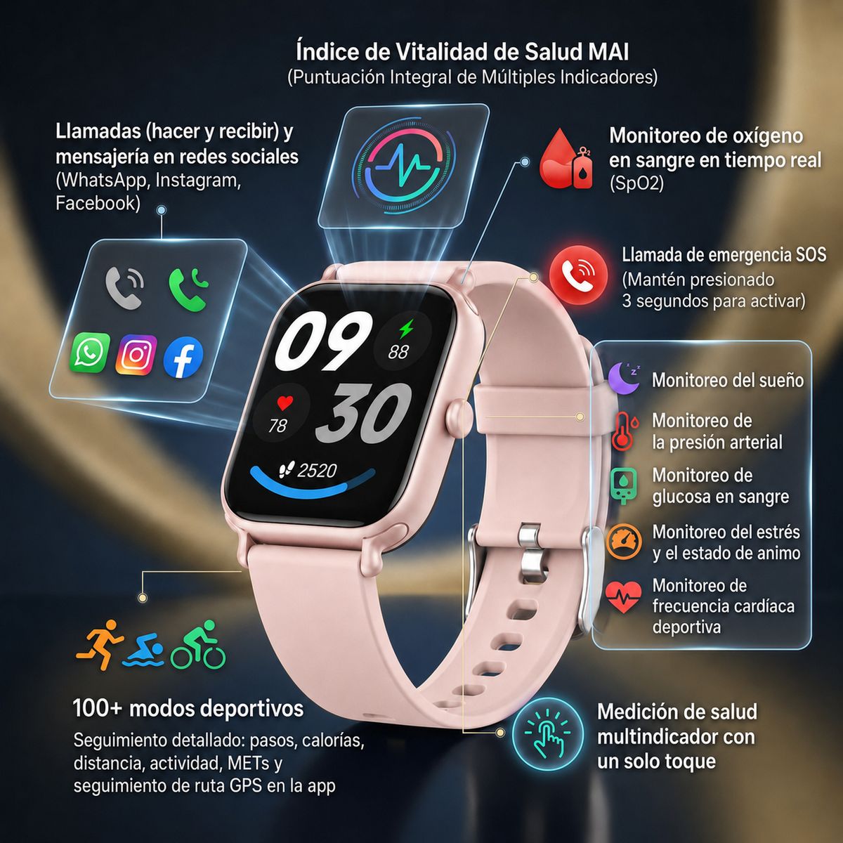 FEEL THE POWER - Smartwatch Mujer 100+ Funciones Sporthealth