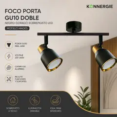 SPACE HOME - Foco Porta GU10 Doble Negro-Dorado Sobrepuesto LED Híades para Techo o Muro Interior