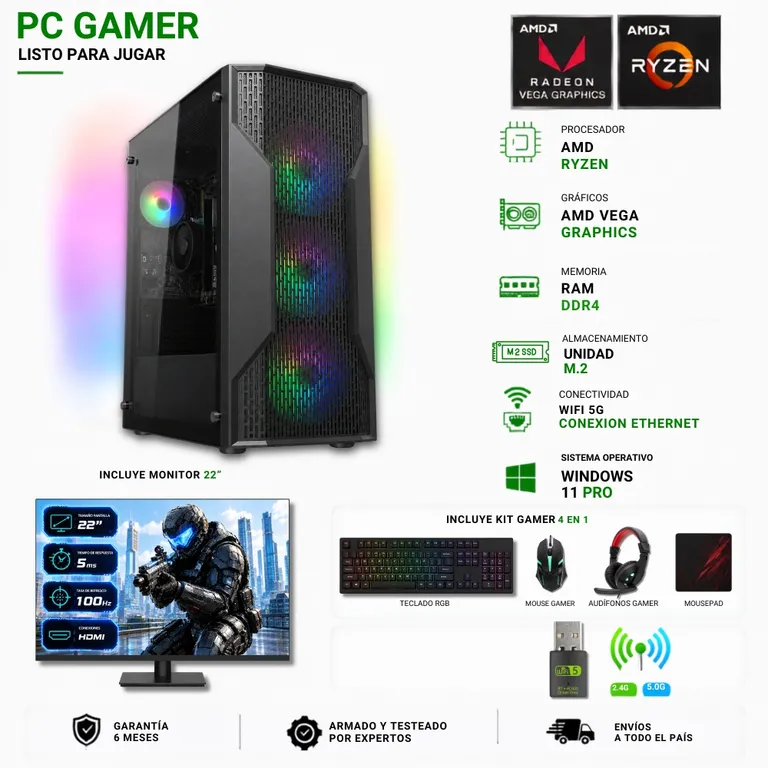 Pc Gamer AMD Ryzen 7 5700G - 16GB - Vega 8 - 1TB - (Monitor 22") MX110.