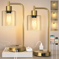 GENERICO - Lamparas Mesa QiMH Tactil USB Regulable Set 2 Dorado
