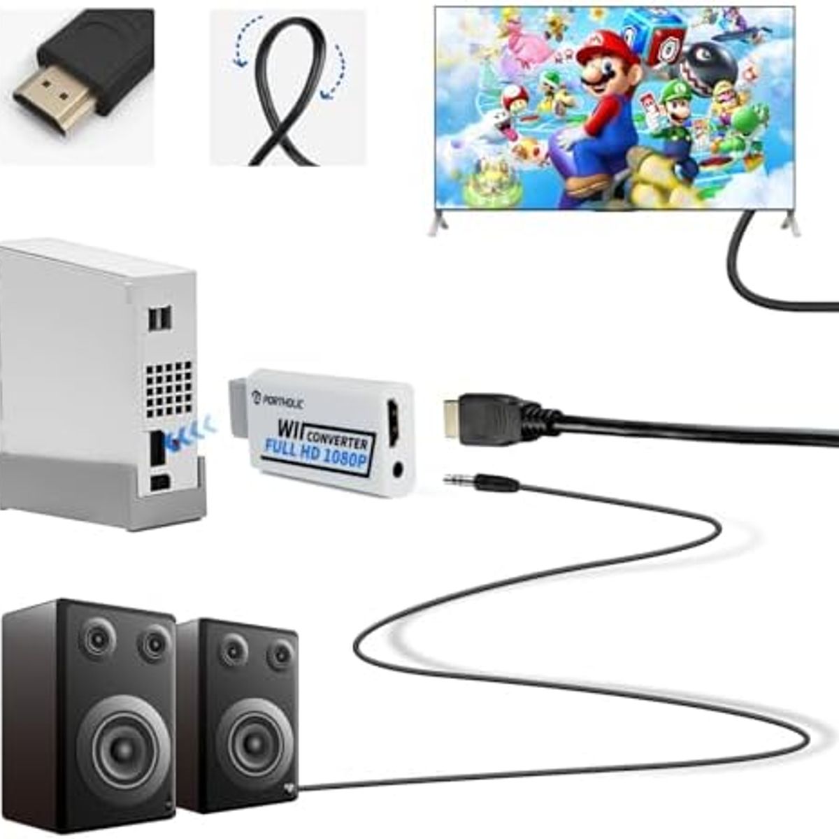 GENERICO - Adaptador HDMI PORTHOLIC 1080P para Wii Full HD