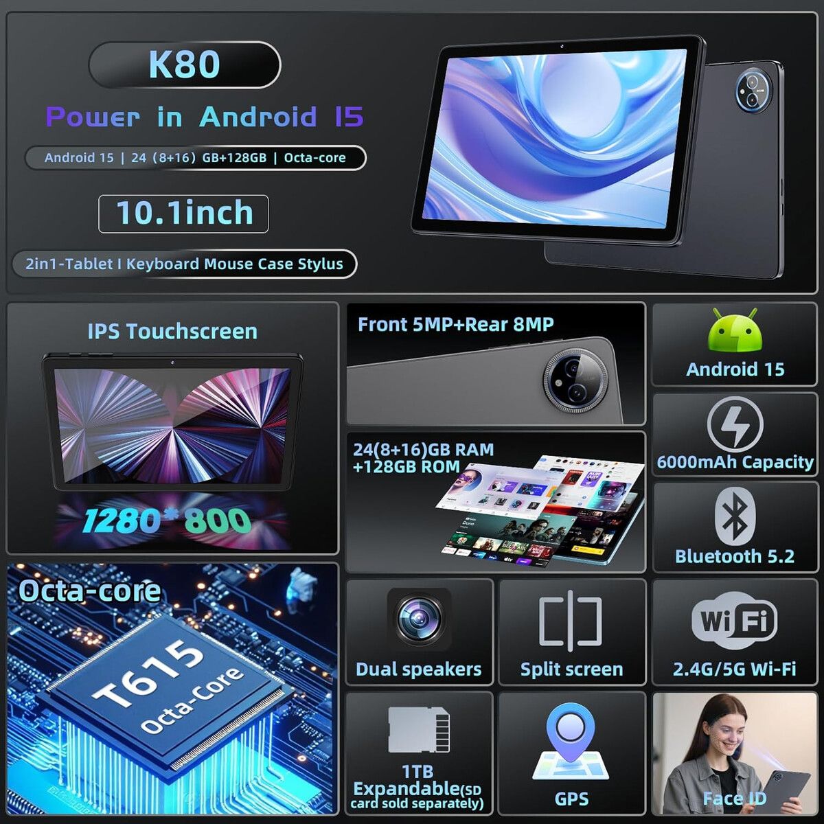 GENERICO - Tablet Android 15 Hasskya K80 10.1 24GB RAM 128GB ROM