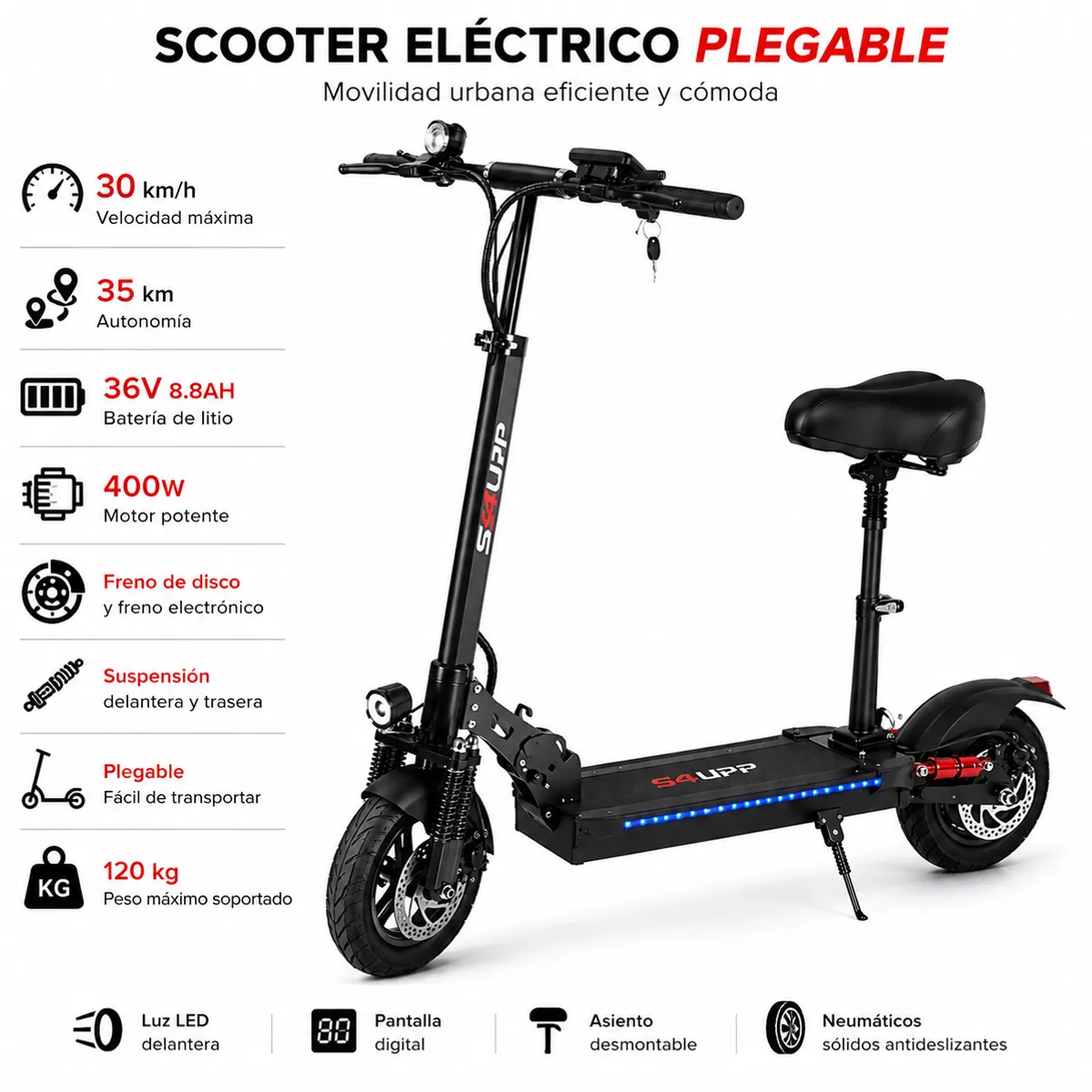 GENERICO - Scooter Eléctrico Plegable 36V 400W con Asiento y Autonomía de hasta 35 km