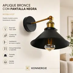 SPACE HOME - Plique Interior E27 Negro y Bronce de Aluminio para Muro