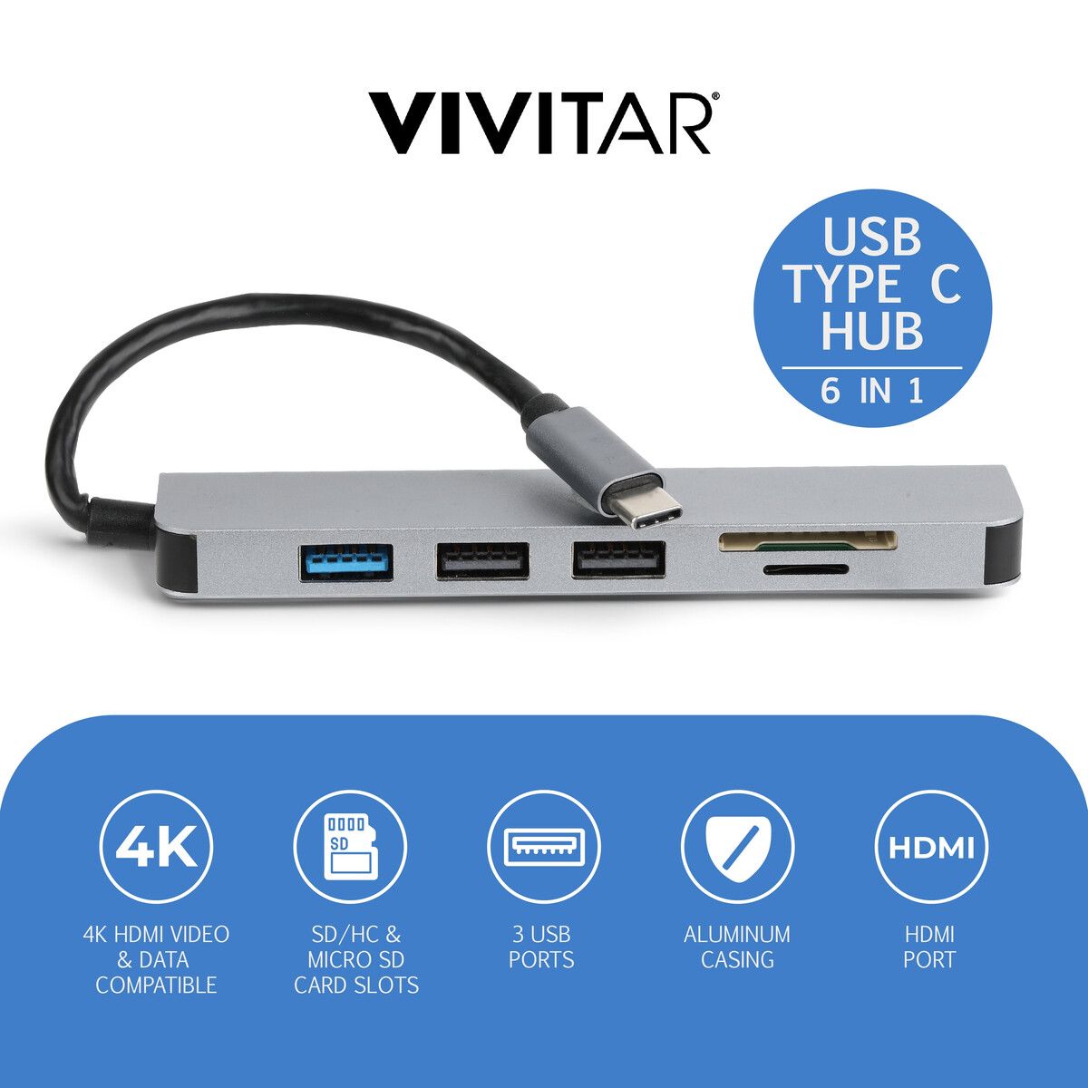 VIVITAR - Hub USB C Vivitar 6en1 HDMI 4K SD MicroSD 3 Puertos