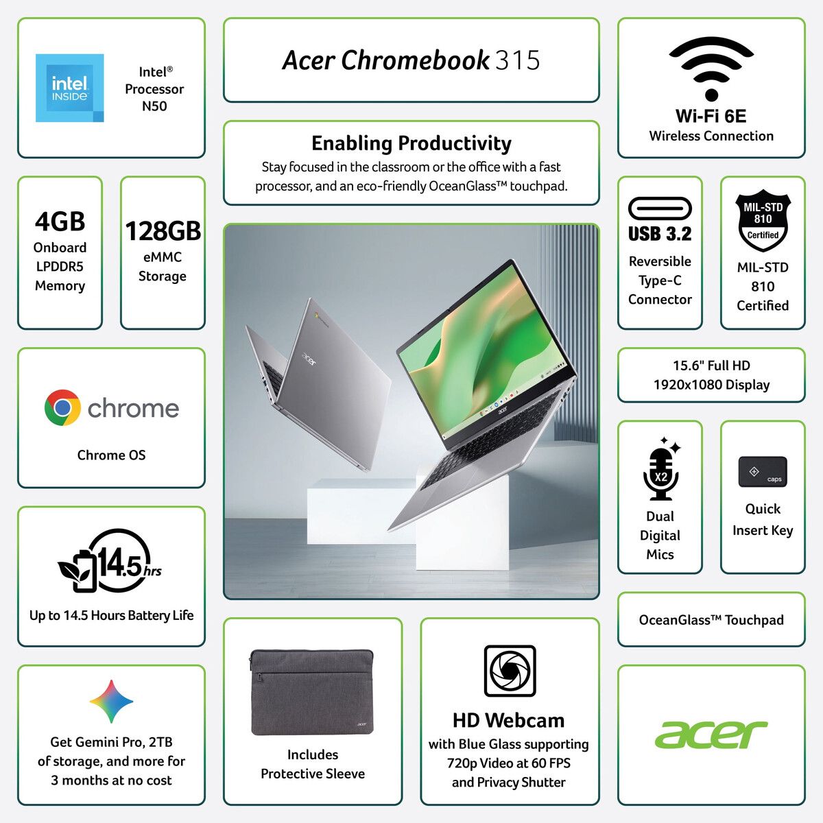 ACER - Notebook Acer Chromebook 315 15,6 FHD Intel N50 4GB 128GB SSD
