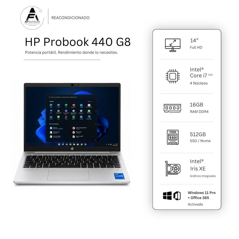 HP Notebook 440 G8 I7 11th 16GB 512GB Intel Iris Xe– Edición Exclusiva –Win Office– Rea