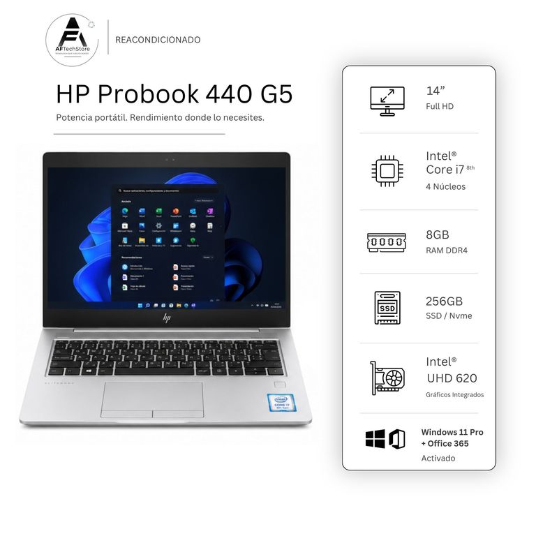 HP Notebook 440 G5 I7 8th 8GB 256GB - Win11 Office - Reacondicionado Profesional