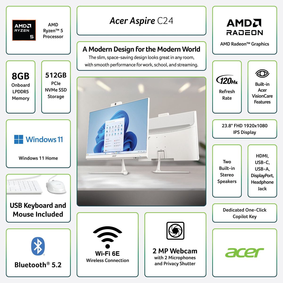 ALL - PC All in One Acer C24 23.8 FHD IPS Ryzen5 40 8GB 512GB