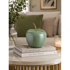 MP - Manzana Decorativa de Cerámica Verde con Tallo Dorado para Hogar y Centro de Mesa