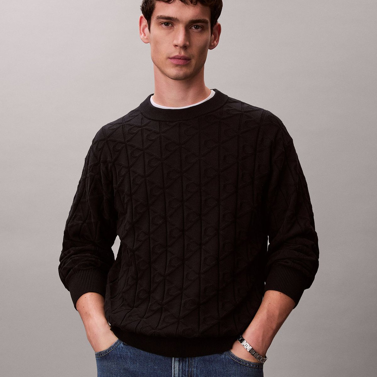 CALVIN KLEIN - Sweater con Textura Monograma Negro Calvin Klein