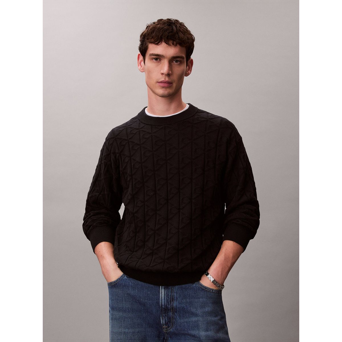 CALVIN KLEIN - Sweater con Textura Monograma Negro Calvin Klein